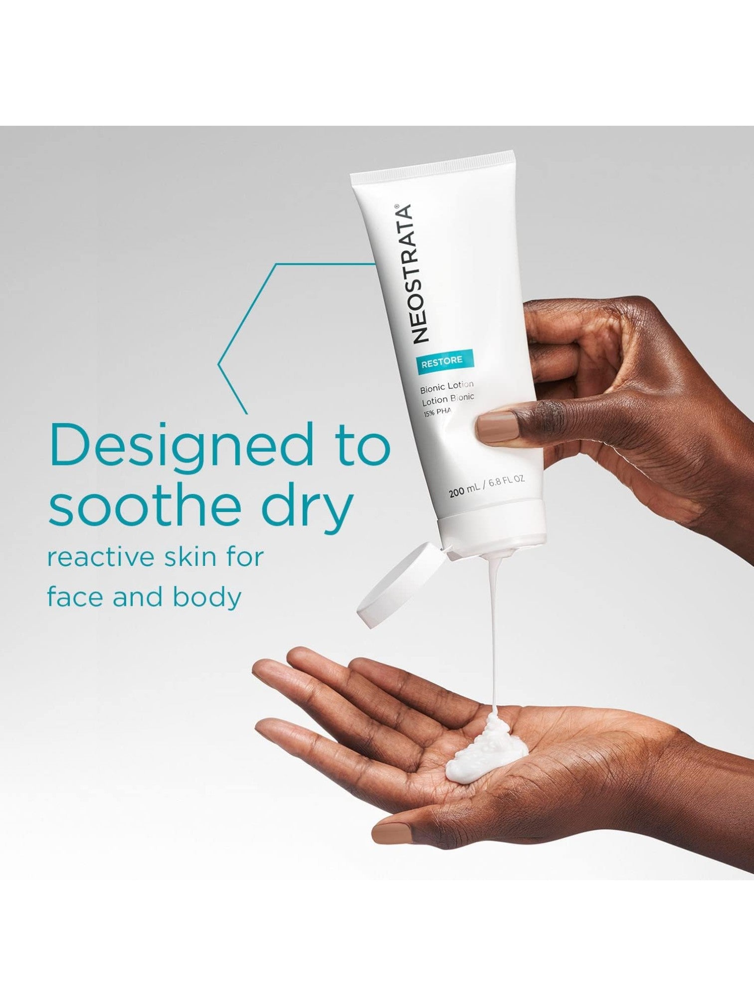Neostrata cream being dispensed onto a hand with text Designed to soothe dry on a gray background. Neostrata, Monza Outlet, Monza Fashion, Shein Outlet