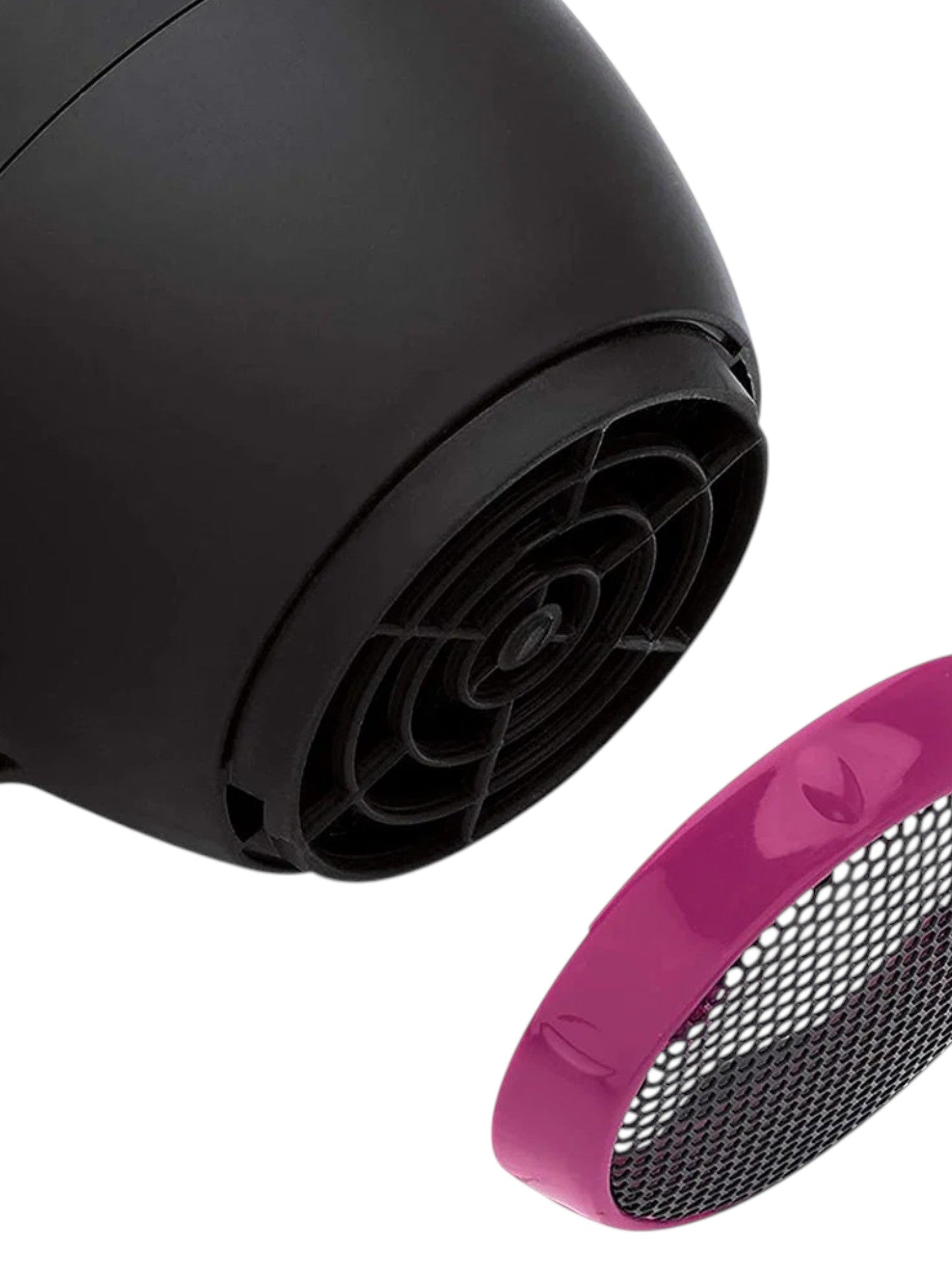 Close-up of a black hair dryer nozzle with a glossy pink protective guard screen on a white background. Revlon, Monza Outlet, Monza Fashion, Shein Outlet
