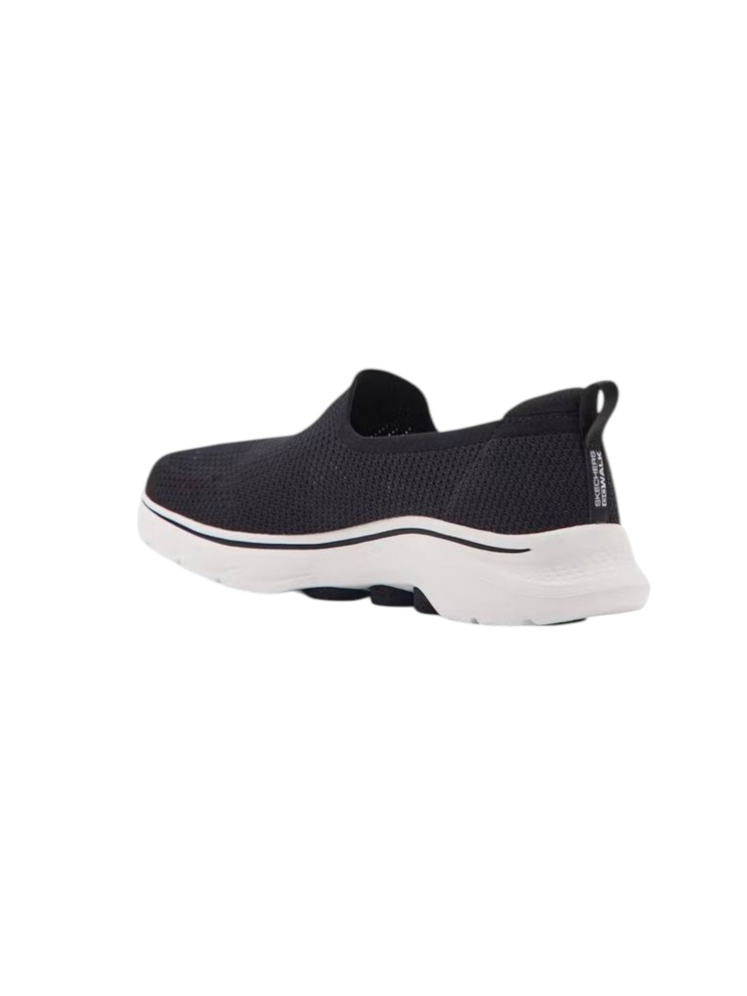 Black slip-on sneaker with white sole on a white background. Skechers, Monza Outlet, Monza Fashion, Shein Outlet