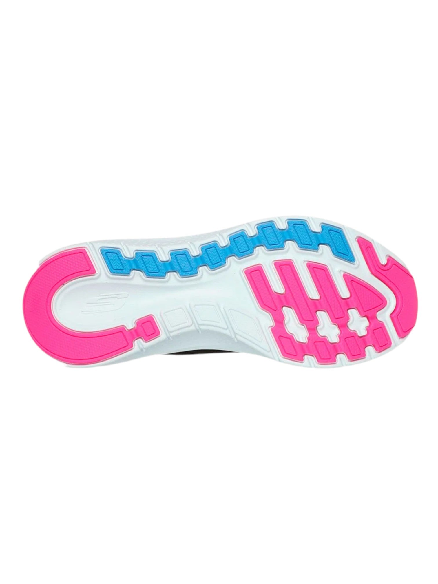 Close-up of a shoe sole with pink and blue design on a white background. Skechers, Monza Outlet, Monza Fashion, Shein Outlet