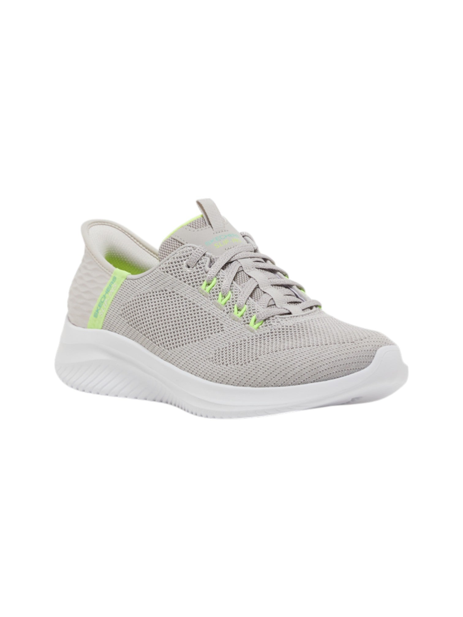 Gray sneaker with green accents on a white background. Skechers, Monza Outlet, Monza Fashion, Shein Outlet