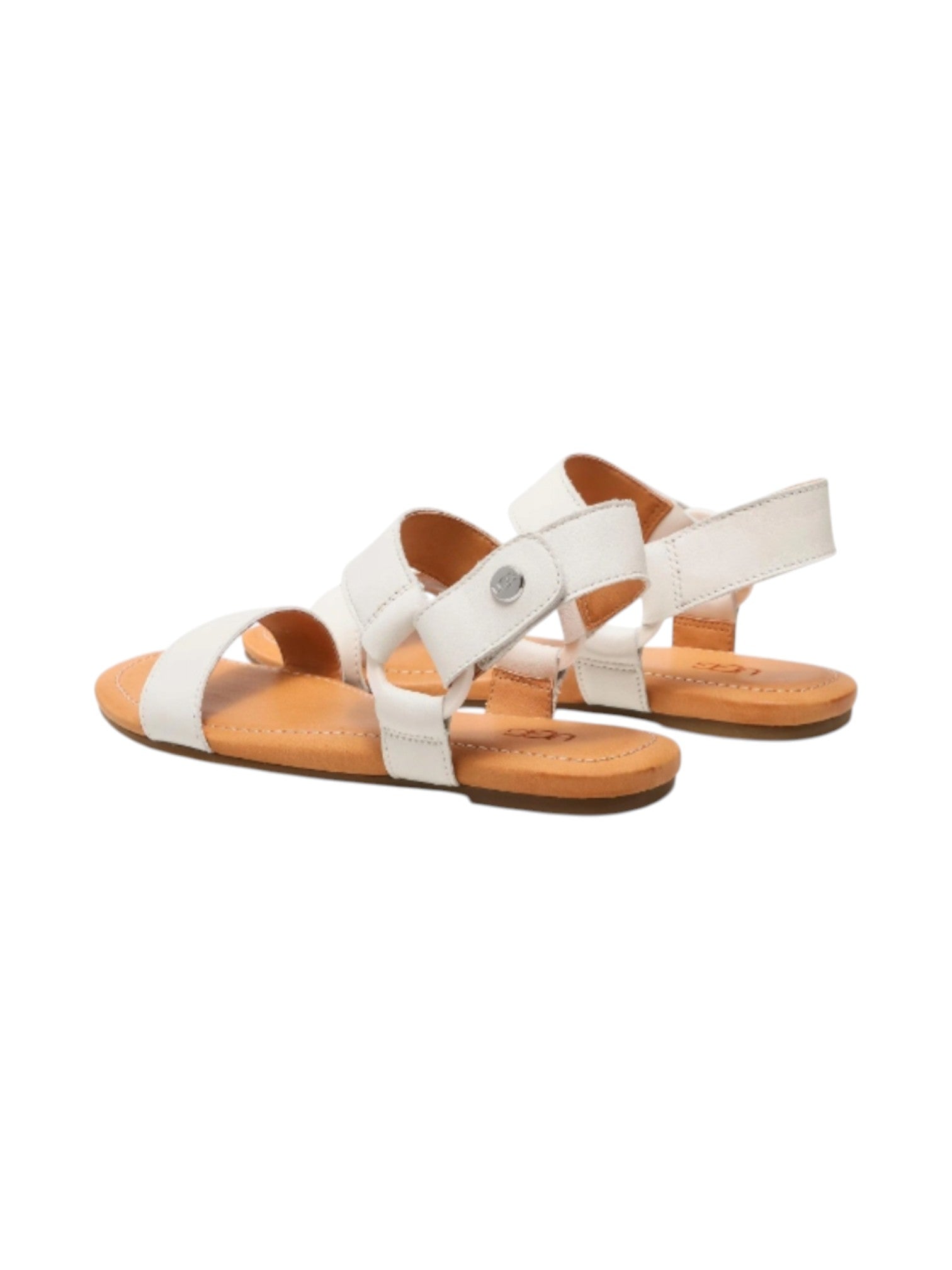 Pair of white sandals with brown soles on a white background. UGG, Monza Outlet, Monza Fashion, Shein Outlet