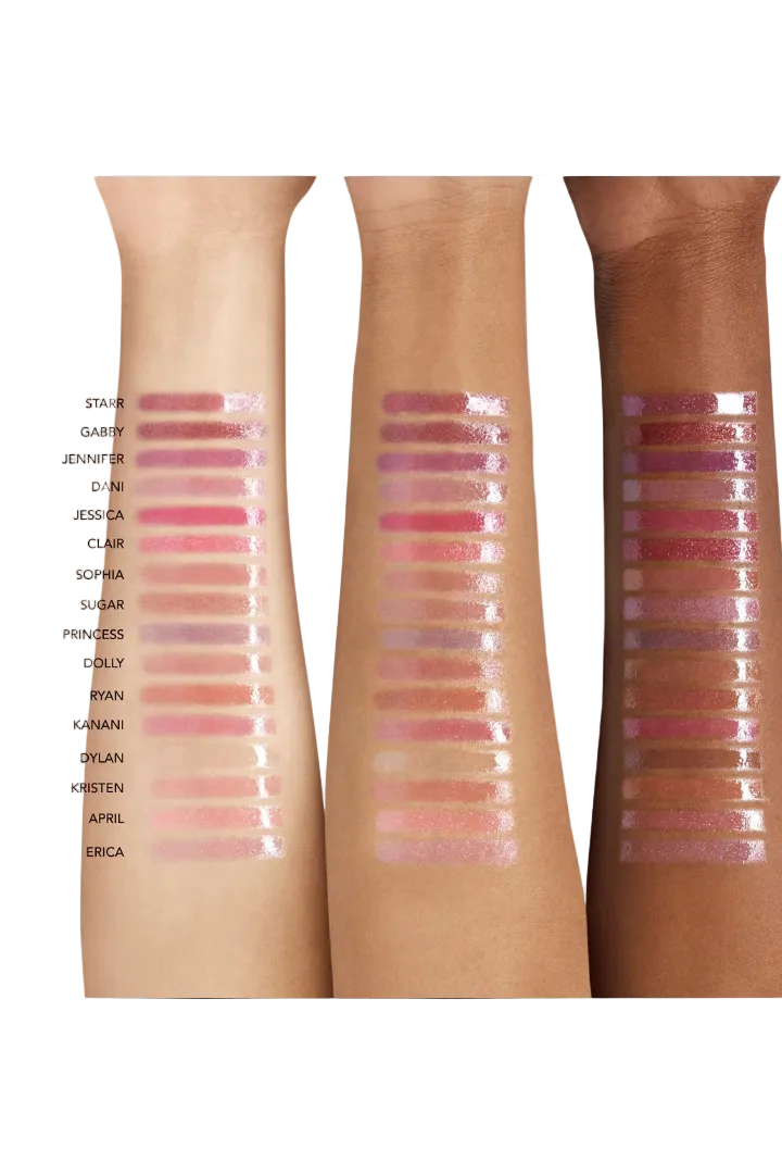 Lipstick swatches on three different skin tones with color names listed. Monza fashion outlet, monza outlet, shein outlet, shien outlet cosmetics, makeup, perfume