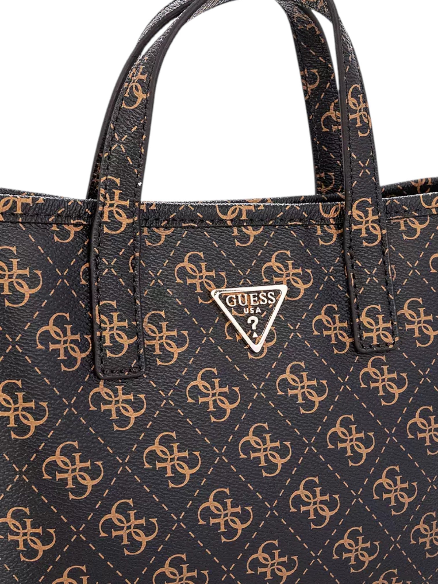 Black handbag with gold pattern and Guess logo on a white background. Guess, Monza Outlet, Monza Fashion, Shein Outlet