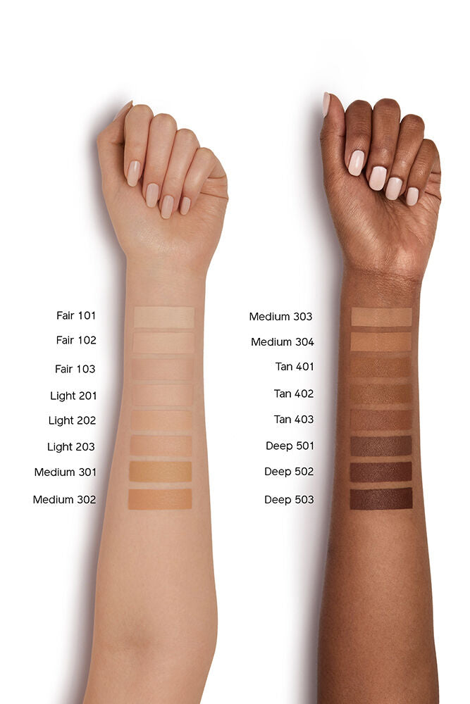Two arms withe swatches labeled from Fair 101 to Deep 503 on a white background. Shiseido, Monza Outlet, Monza Fashion, Shein Outlet