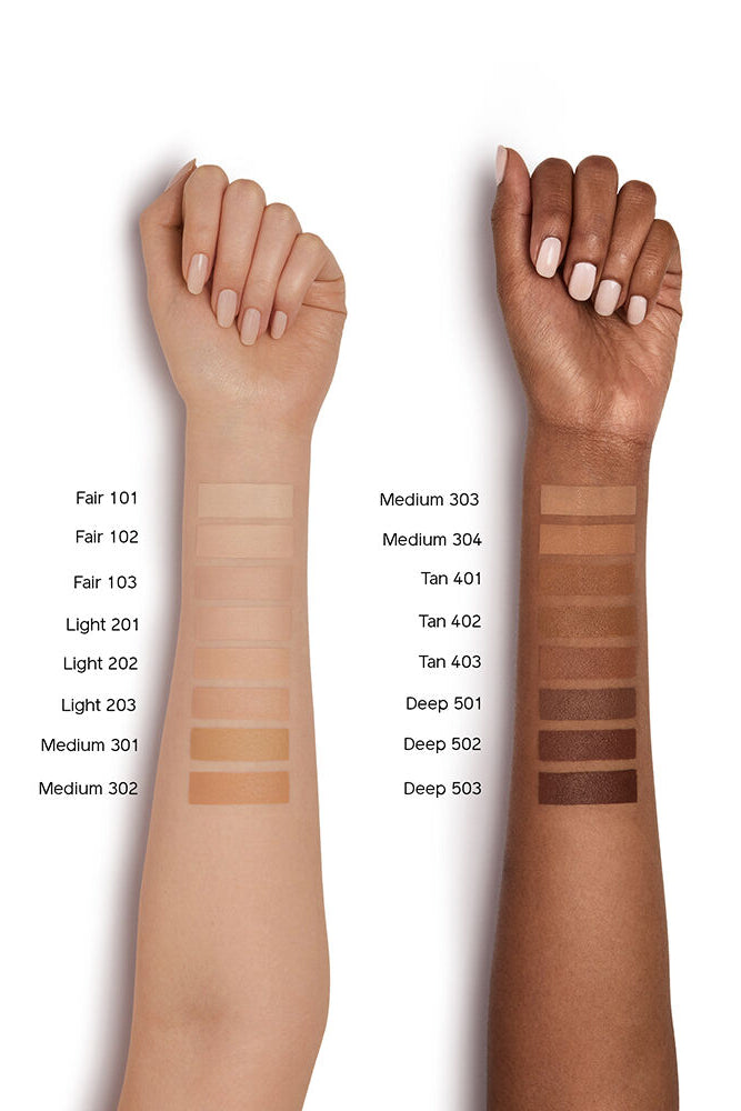 Two arms with swatches labeled from Fair 101 to Deep 503 on a white background. Monza outlet, monza fashion, shein outlet, shien outlet