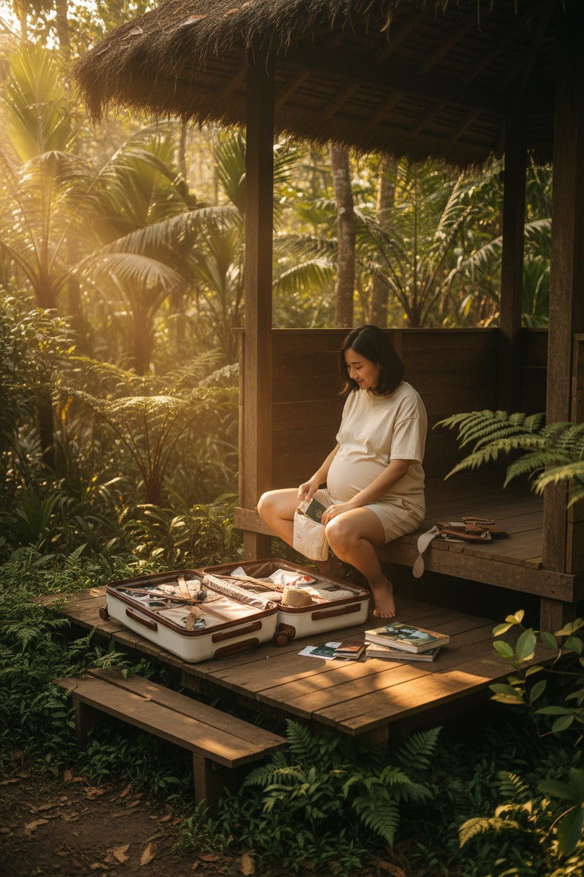Woman sitting on a wooden platform in a tropical forest setting. Monza Outlet, Monza Fashion, Shein Outlet