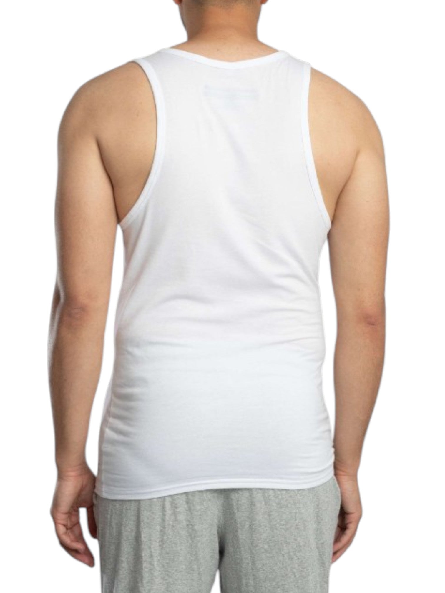 A man viewed from the back wearing a plain white sleeveless tank top and light gray shorts against a white studio background. Calvin Klein, Monza Outlet, Monza Fashion, Shein Outlet