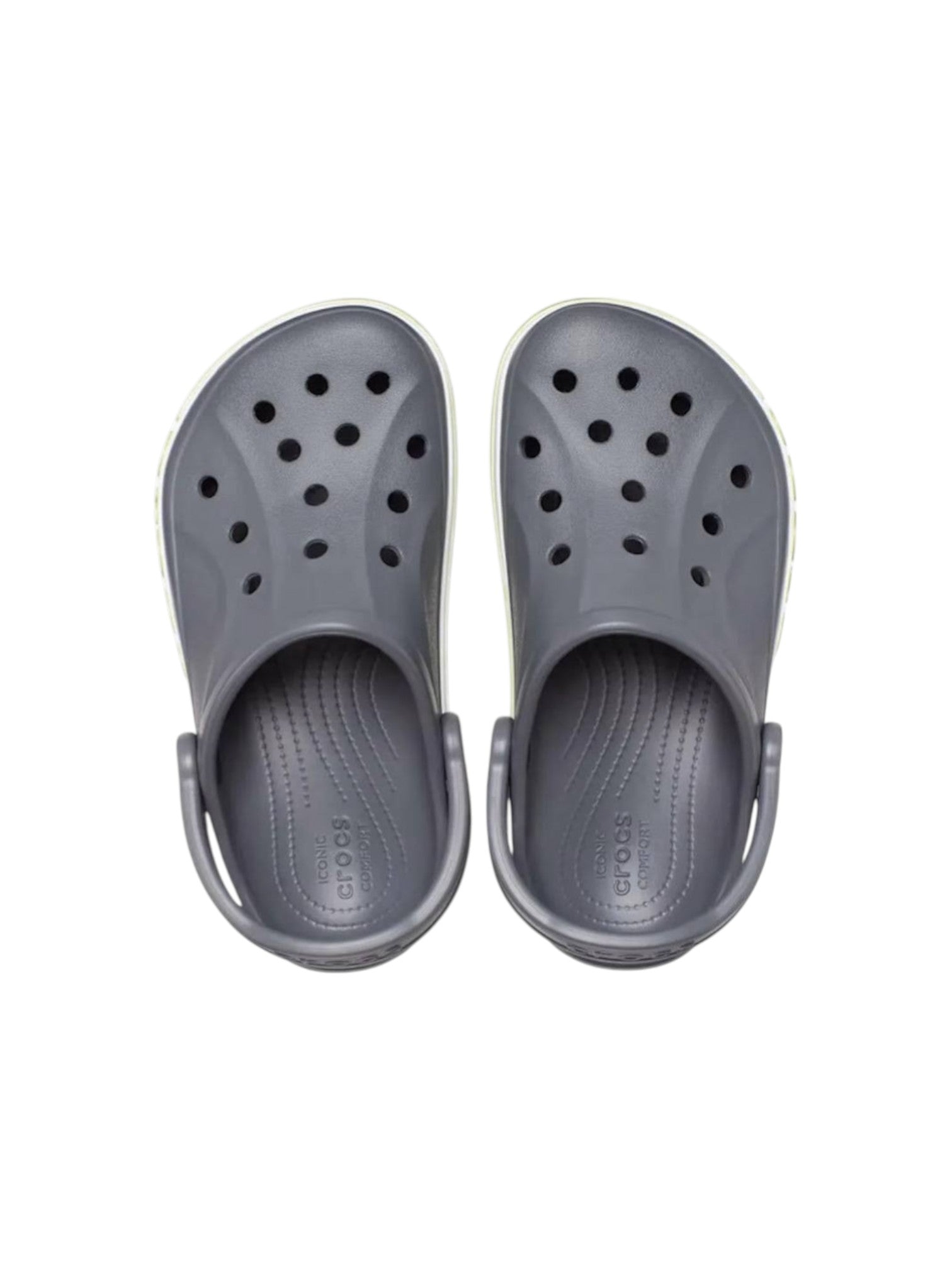 Pair of gray crocs on a white background. Crocs, Monza Outlet, Monza Fashion, Shein Outlet 