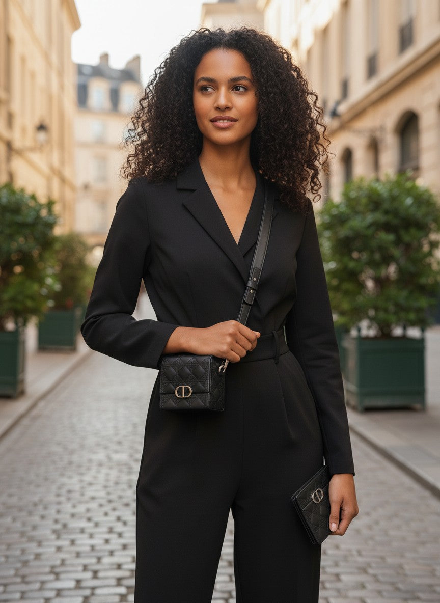Woman in a black suit standing on a city street. Dior, Monza Outlet, Monza Fashion, Shein Outlet 