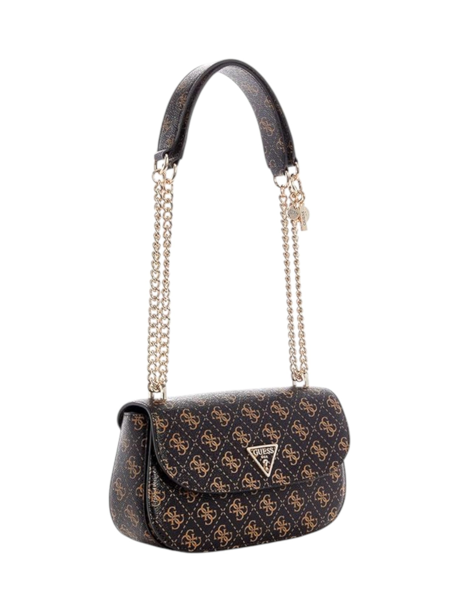 Patterned handbag with chain strap on a white background. Guess, Monza Outlet, Monza Fashion, Shein Outlet