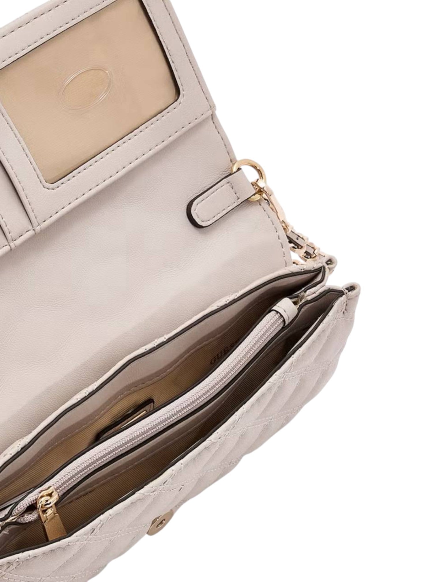 Beige handbag with gold accents on a white background. Guess, Monza Outlet, Monza Fashion, Shein Outlet