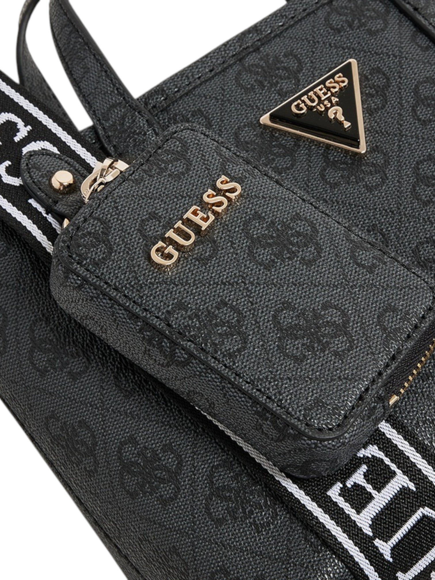 Black Guess handbag with gold logo on a black background. Guess, Monza Outlet, Monza Fashion, Shein Outlet