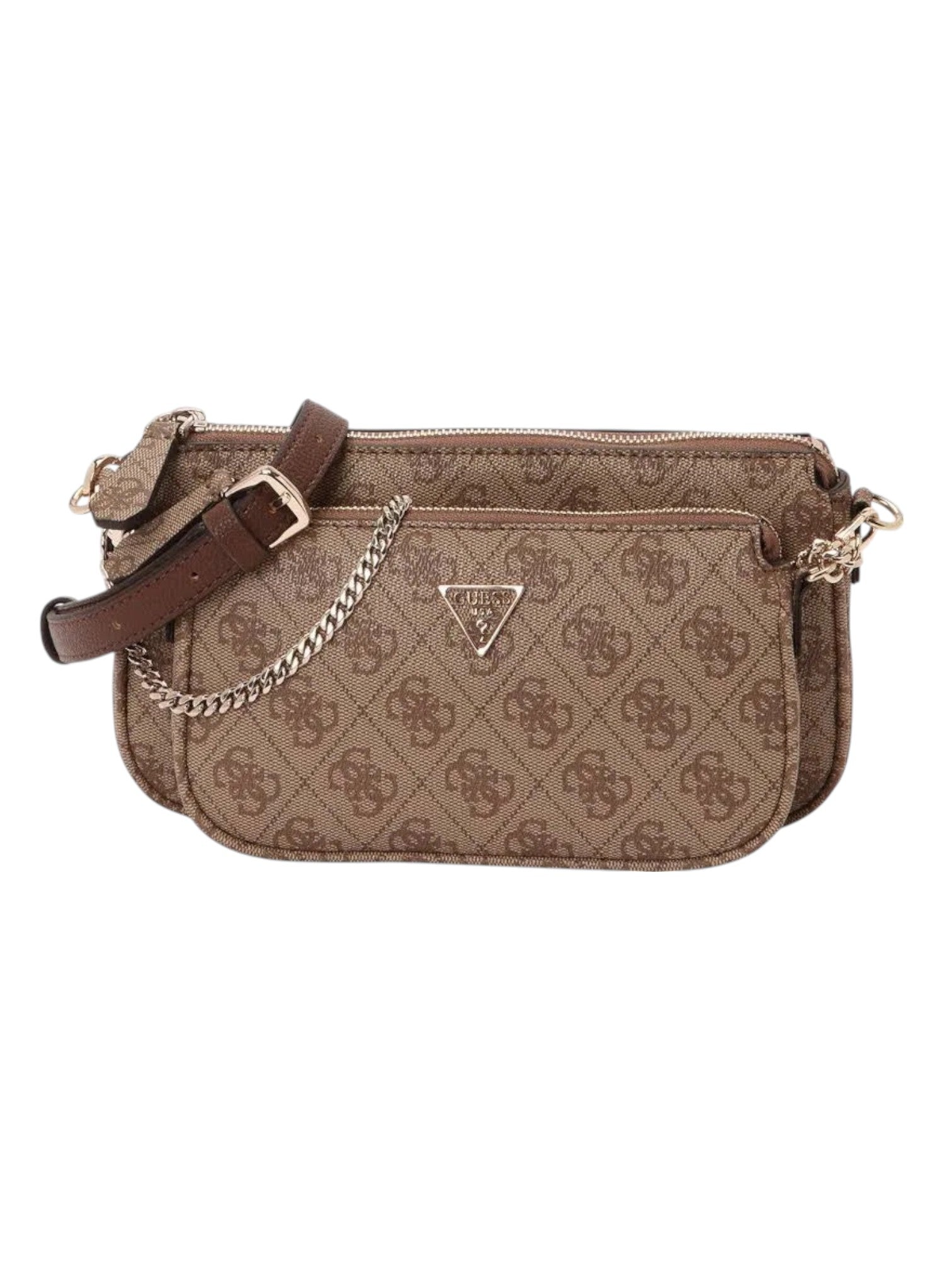 Brown patterned handbag with a chain detail on a white background. Guess, Monza Outlet, Monza Fashion, Shein Outlet