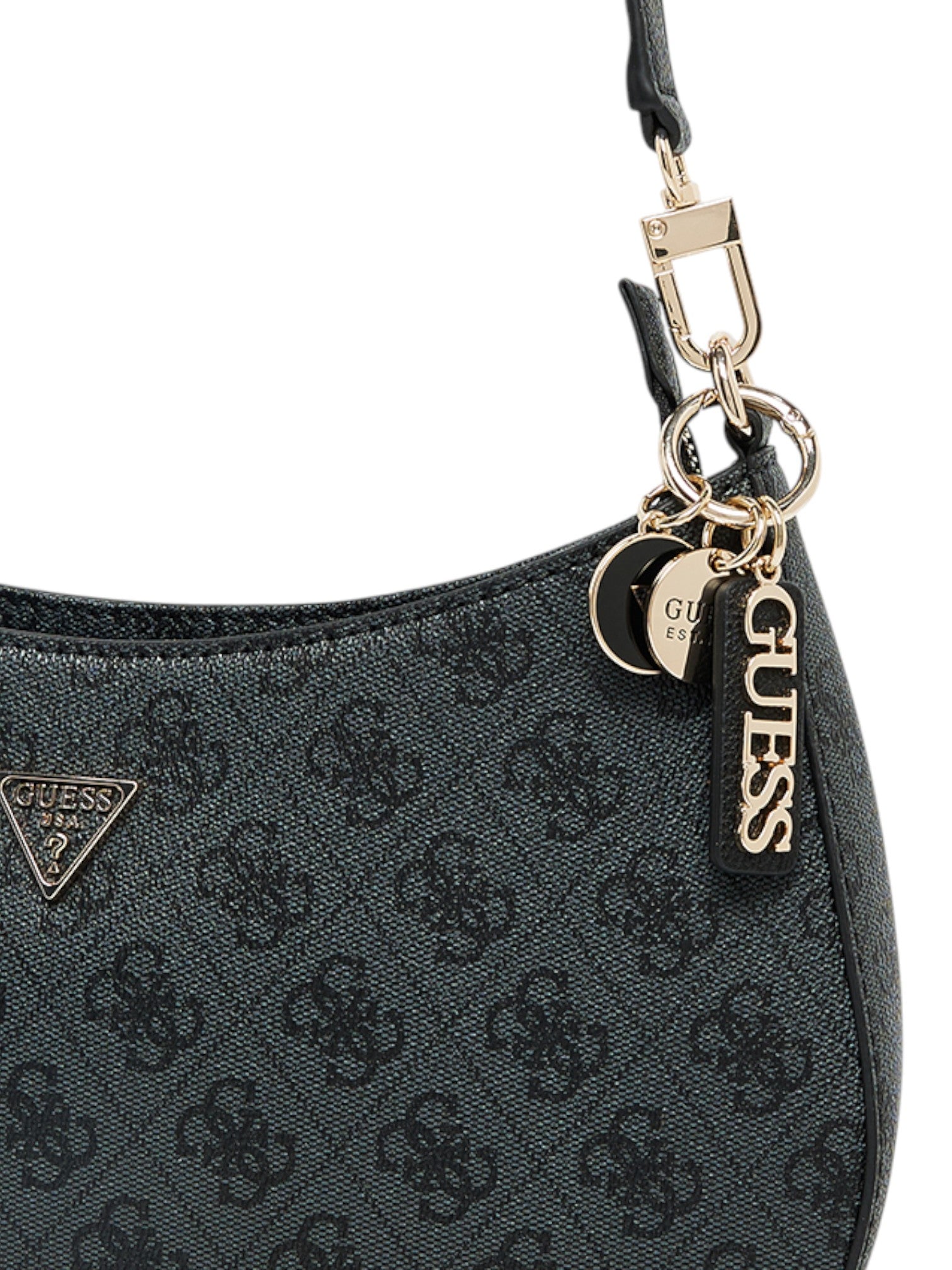 Black handbag with gold chain and Guess logo on a white background. Guess, Monza Outlet, Monza Fashion, Shein Outlet