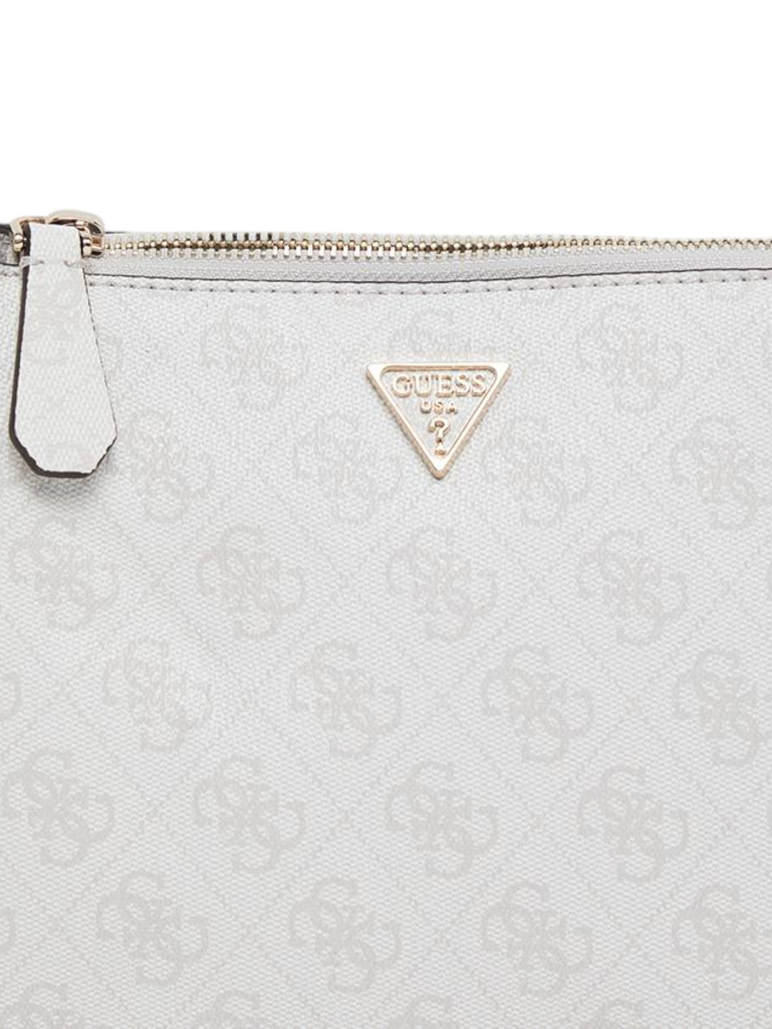 Close-up of a light gray pouch with a gold zipper and Guess logo. Guess, Monza Outlet, Monza Fashion, Shein Outlet