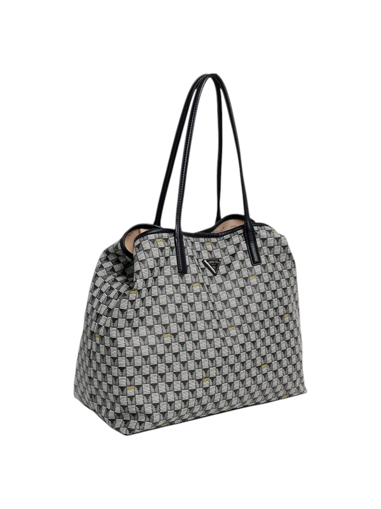 Gray patterned handbag with black handles on a white background. Guess, Monza Outlet, Monza Fashion, Shein Outlet