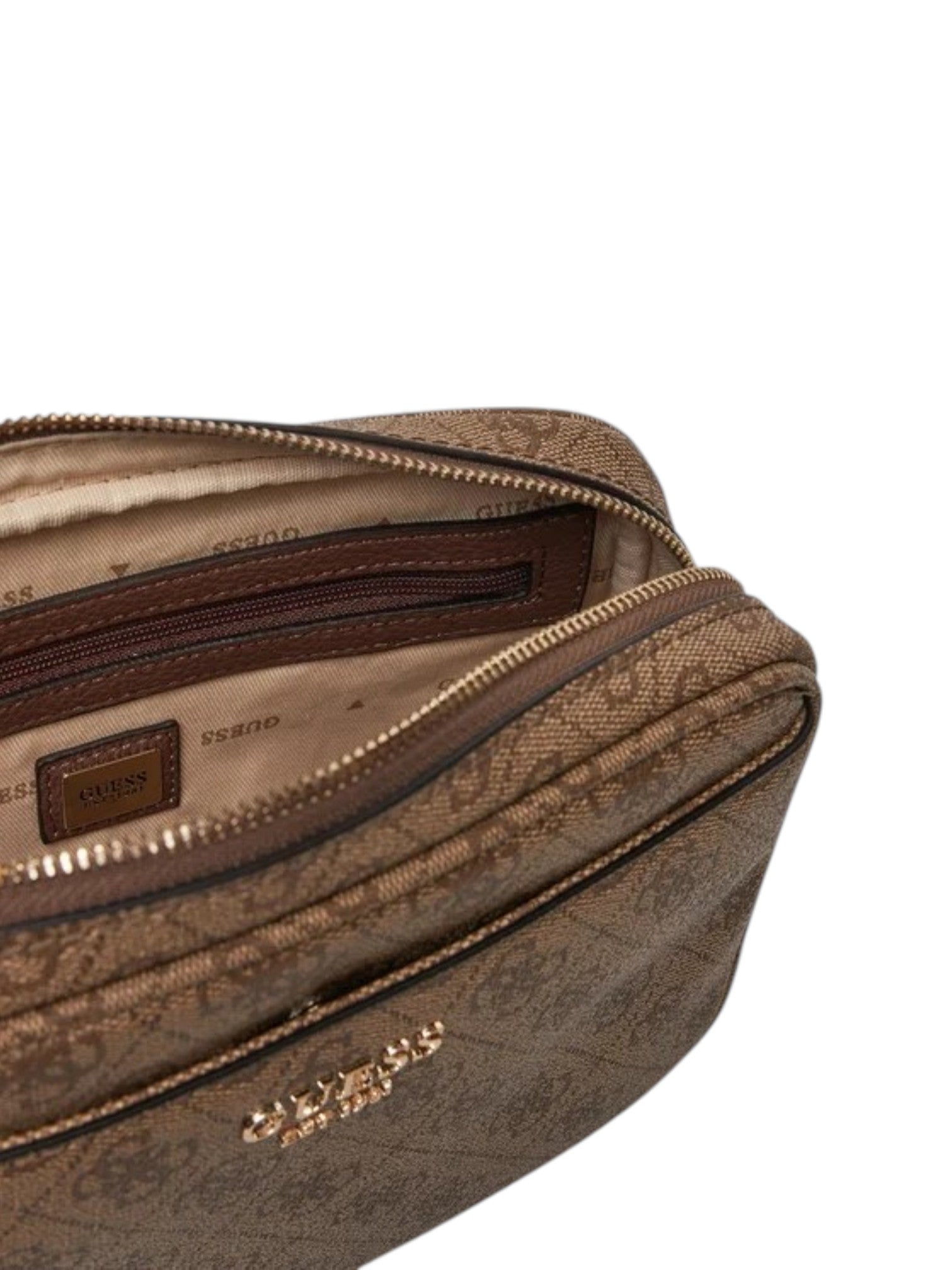 Brown toiletry bag with visible brand logo on a white background. Guess, Monza Outlet, Monza Fashion, Shein Outlet