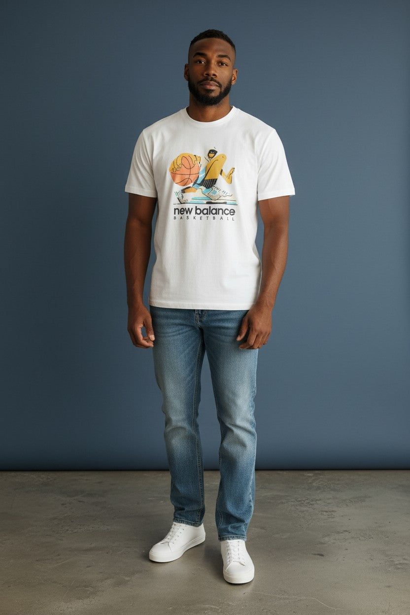 Man wearing a white t-shirt with a graphic design and text, standing against a blue wall. New Balance, Monza Outlet, Monza Fashion, Shein Outlet