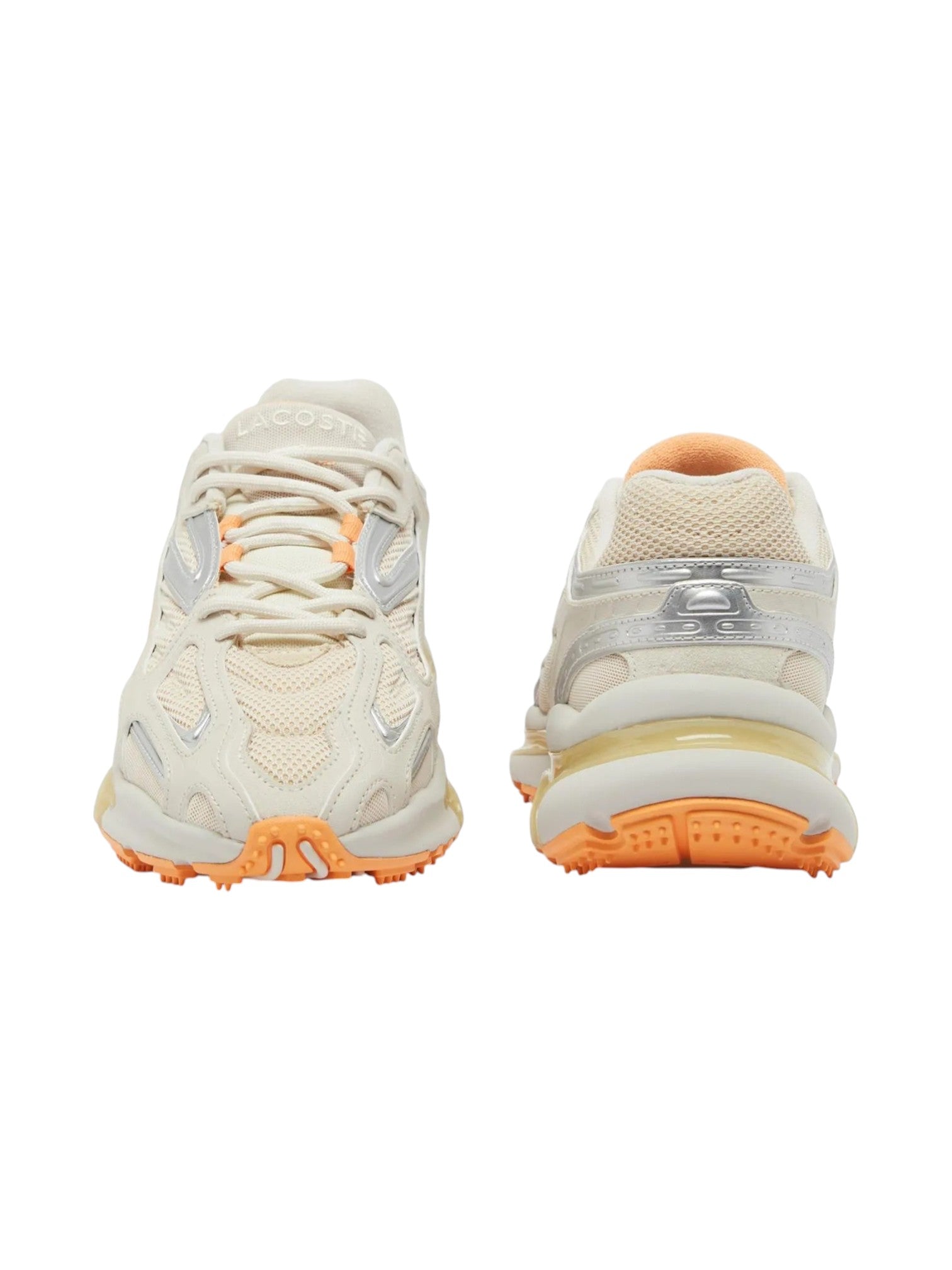 White sneakers with orange accents on a white background. Lacoste, Monza Outlet, Monza Fashion, Shein Outlet