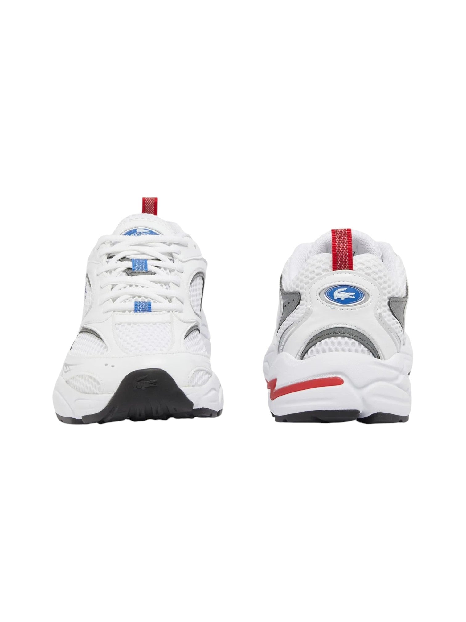 White sneakers with red and blue accents on a white background. Lacoste, Monza Outlet, Monza Fashion, Shein Outlet