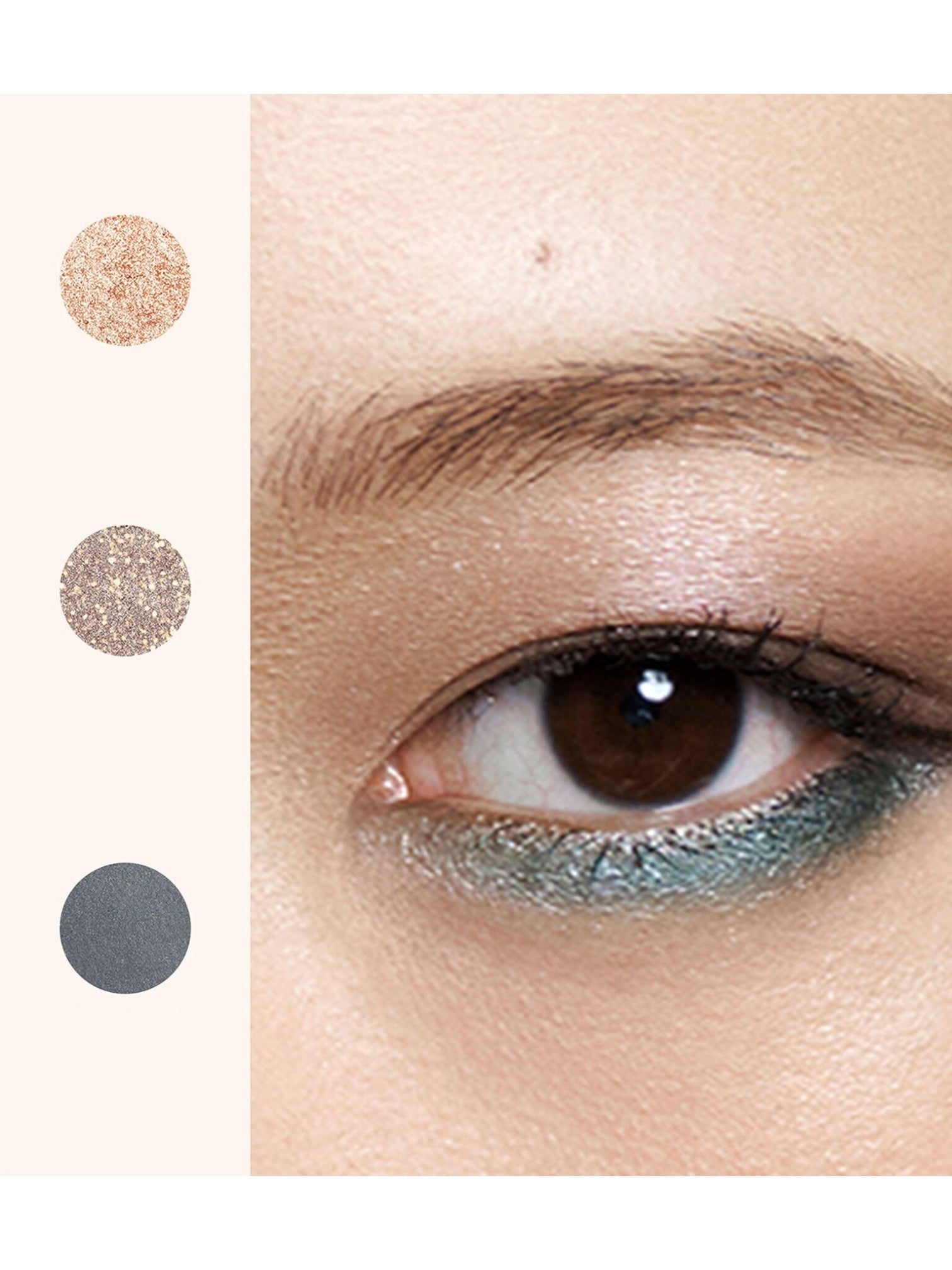 Close-up of a brown eye with glittery eyeliner, surrounded by color swatches on a beige background. laura_mercier, Monza Outlet, Monza Fashion, Shein Outlet