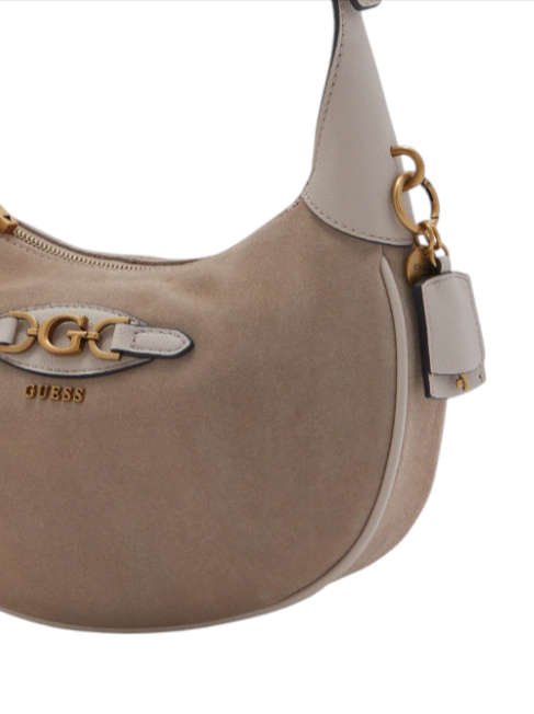 Beige handbag with gold chain and 'Guess' logo on a white background. Guess, Monza Outlet, Monza Fashion, Shein Outlet