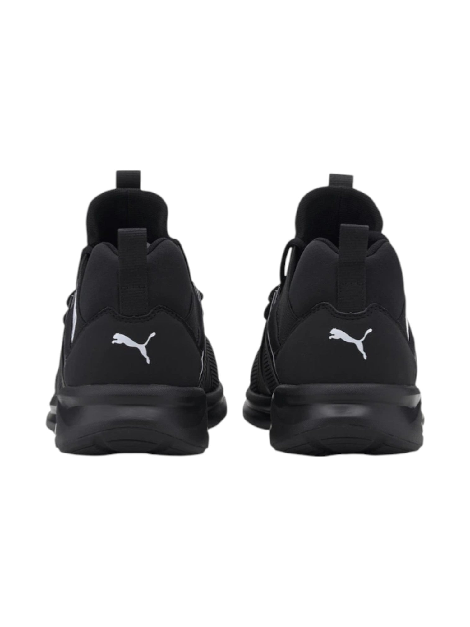 Black Puma sneakers shown from the back on a white background. Puma, Monza Outlet, Monza Fashion, Shein Outlet