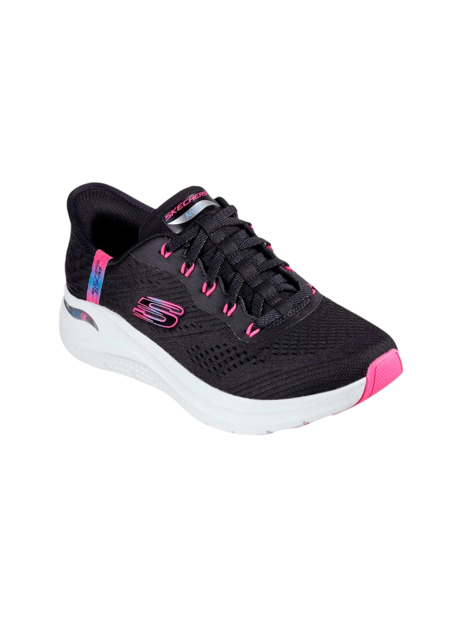Black sneaker with pink accents on a white background. Skechers, Monza Outlet, Monza Fashion, Shein Outlet