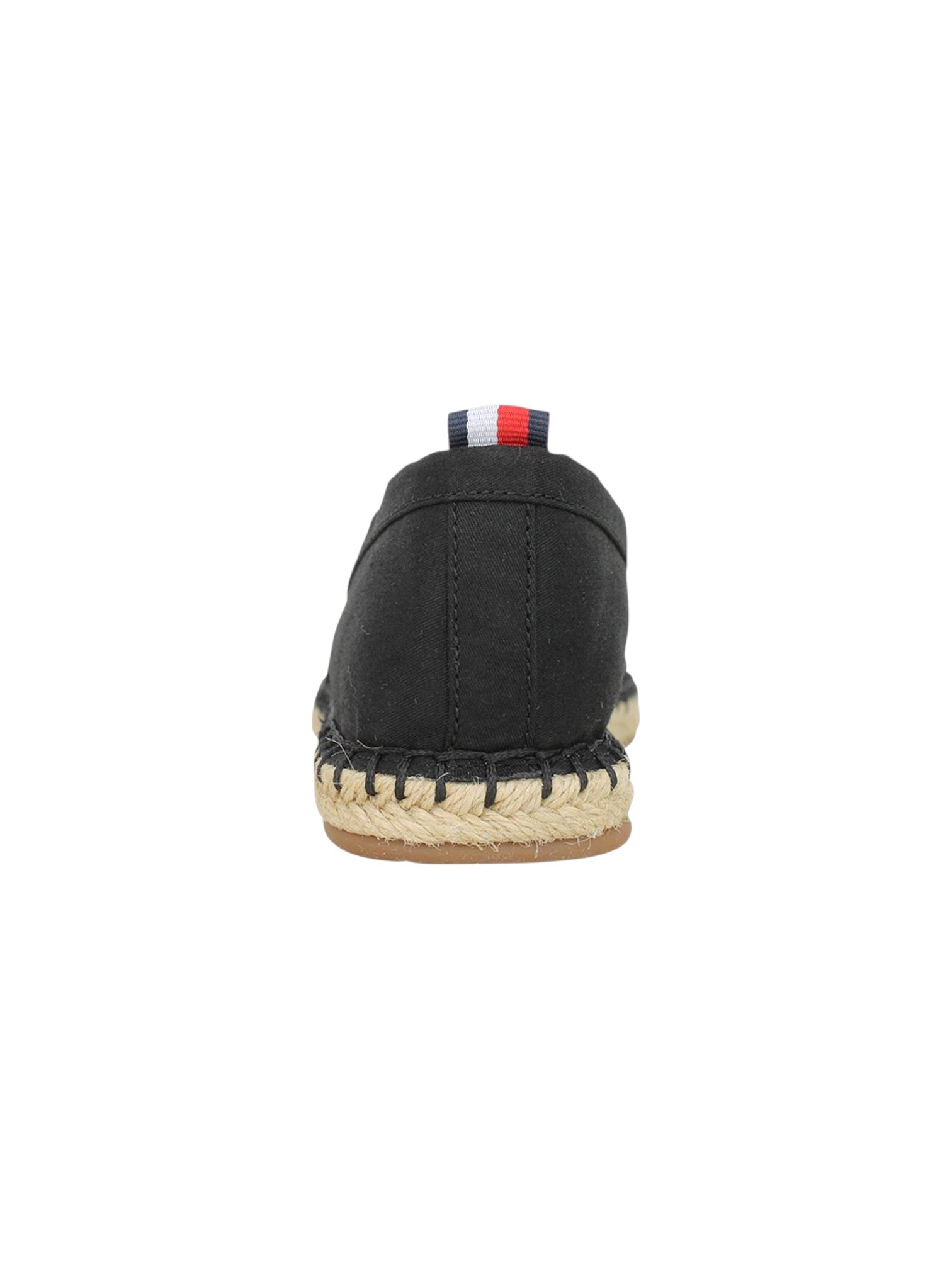A single black espadrille shoe shown from the back, featuring a black suede upper, a braided jute midsole, and a small red, white, and blue fabric pull tab at the heel, set against a plain white background. Tommy Hilfiger, Monza Outlet, Monza Fashion, Shein Outlet