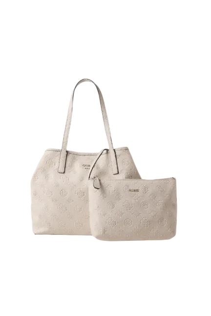 Beige handbag with matching pouch on a white background. Guess, Monza Outlet, Monza Fashion, Shein Outlet