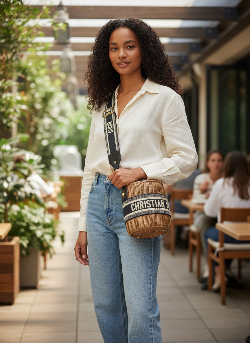 Woman holding a woven handbag with 'Christian' branding in an outdoor setting. Dior, Monza Outlet, Monza Fashion, Shein Outlet 