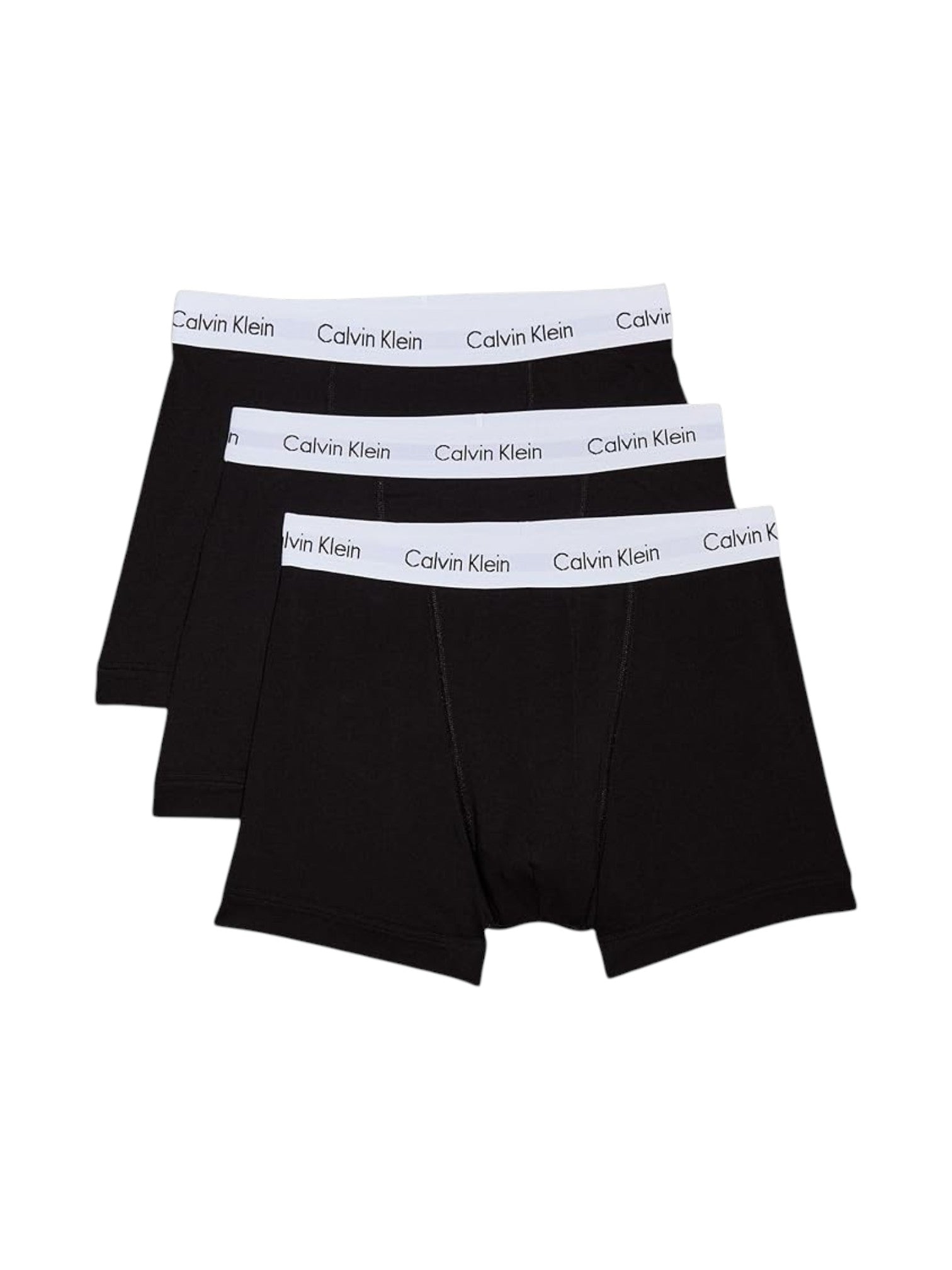 Three black Calvin Klein boxer briefs with white waistbands on a white background. Calvin Klein, Monza Outlet, Monza Fashion, Shein Outlet