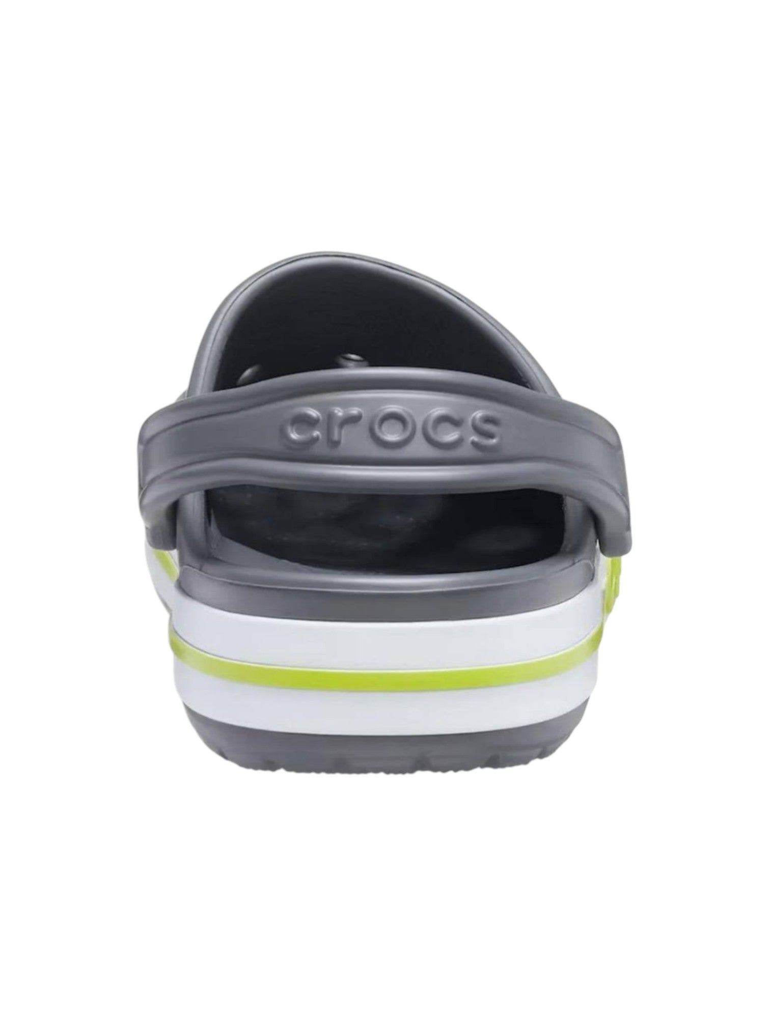 Gray Crocs sandal with a white sole and green accent on a white background. Crocs, Monza Outlet, Monza Fashion, Shein Outlet 