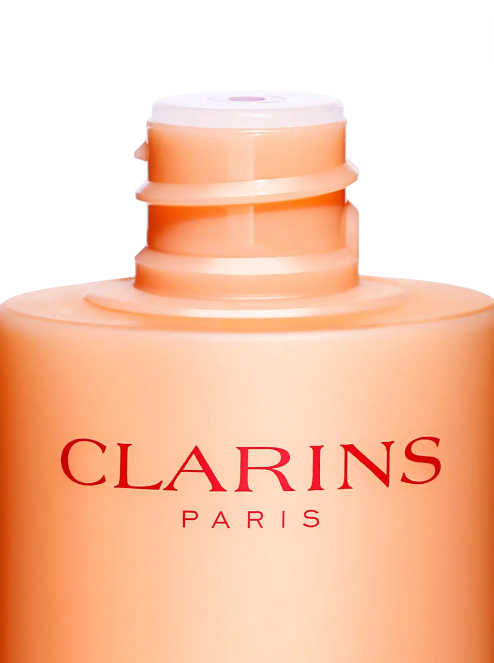 Clarins Paris bottle with a white cap on a white background. Clarins, Monza Outlet, Monza Fashion, Shein Outlet