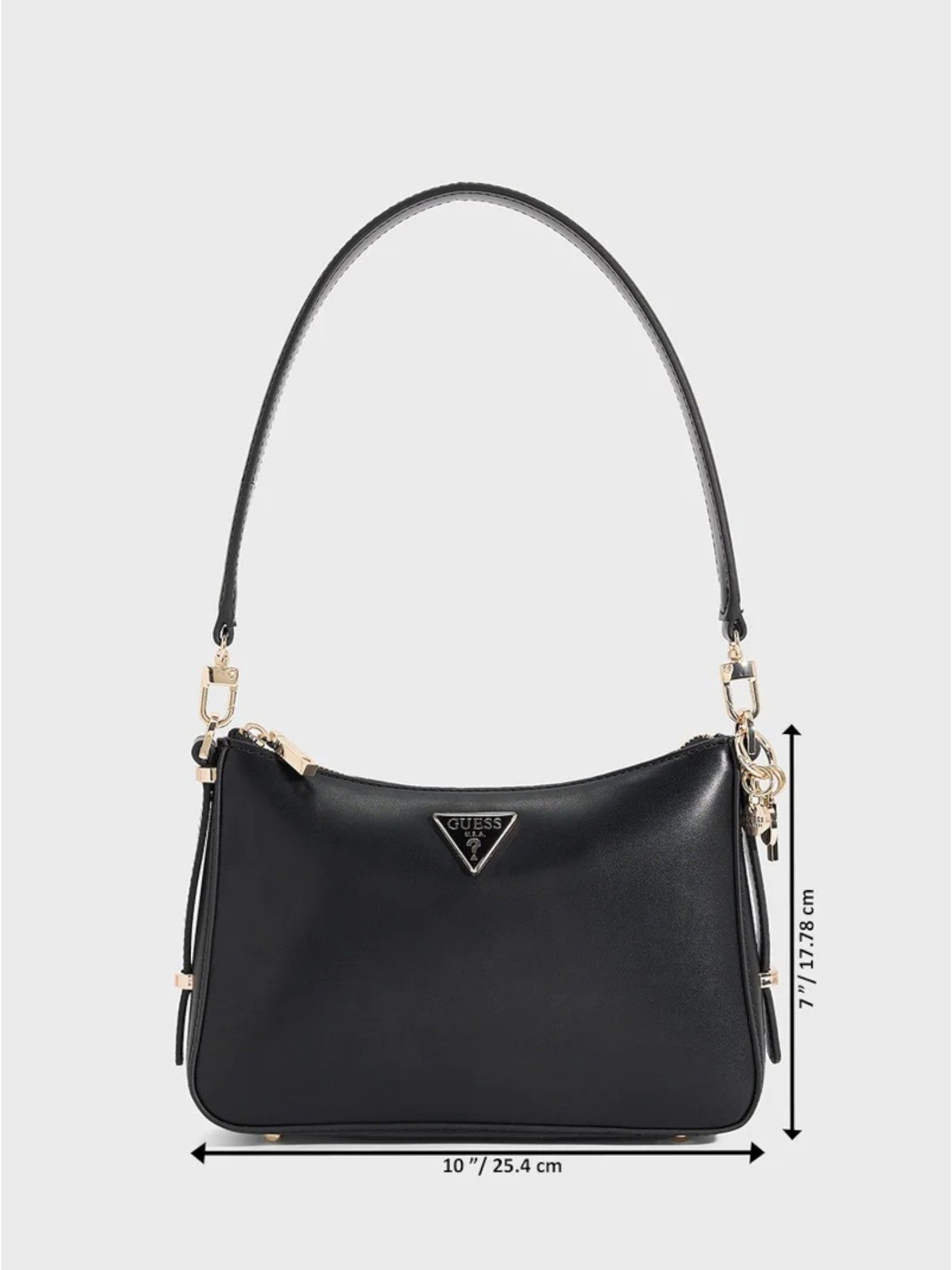 Black handbag with gold accents and measurements on a light gray background. Guess, Monza Outlet, Monza Fashion, Shein Outlet