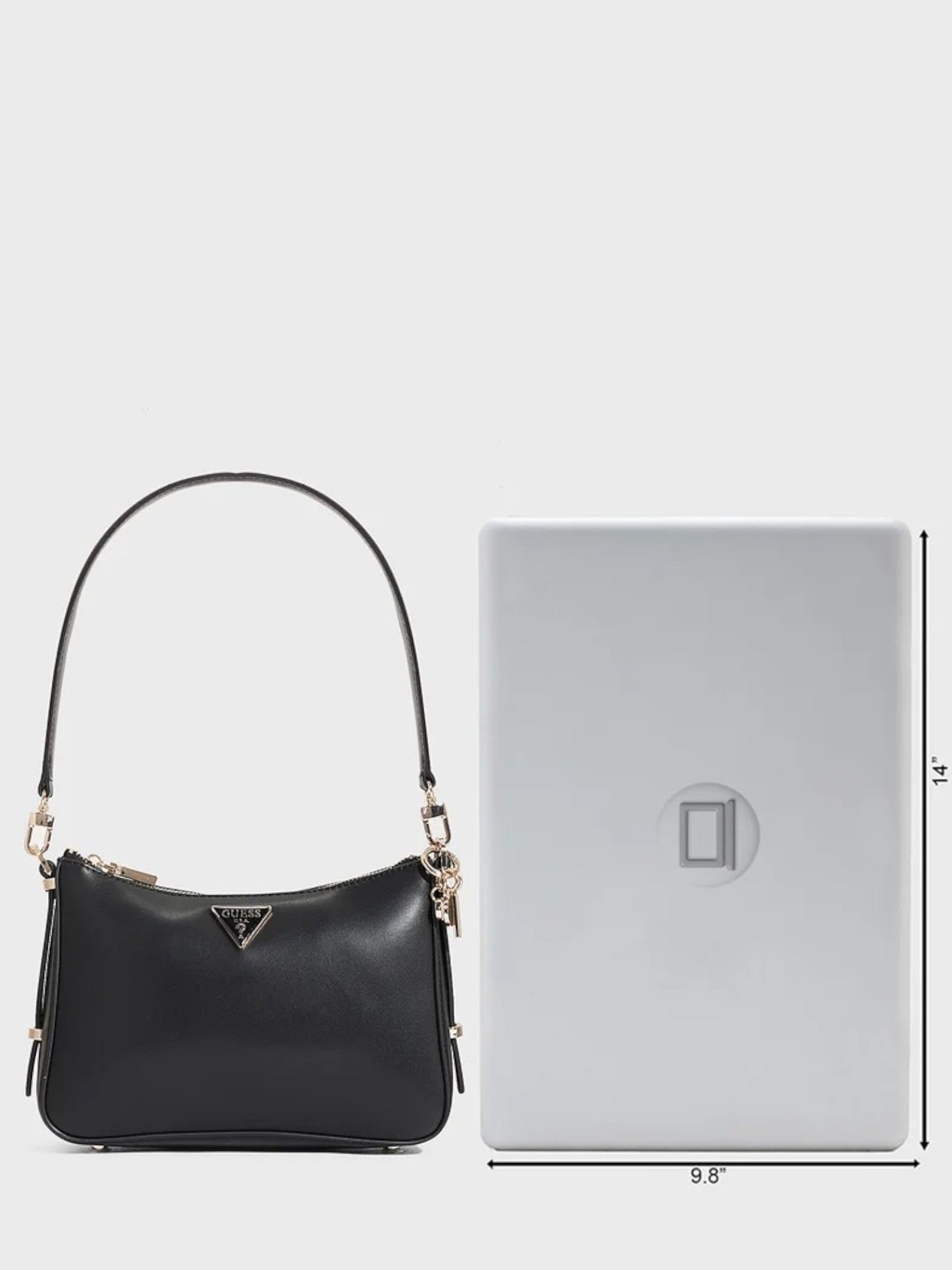 Black handbag next to a gray box with dimensions on a white background. Guess, Monza Outlet, Monza Fashion, Shein Outlet