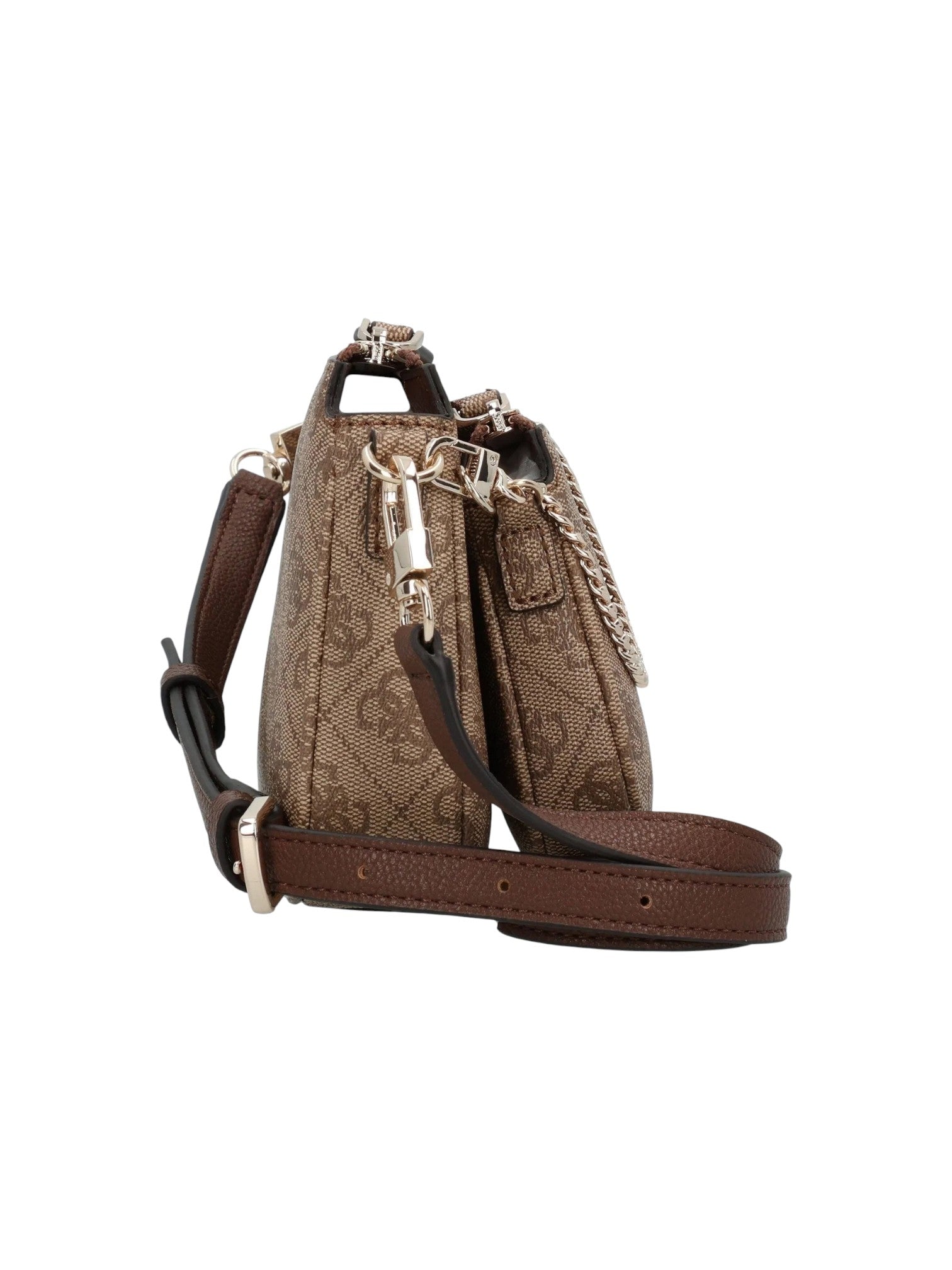 Brown leather handbag with a strap on a white background. Guess, Monza Outlet, Monza Fashion, Shein Outlet
