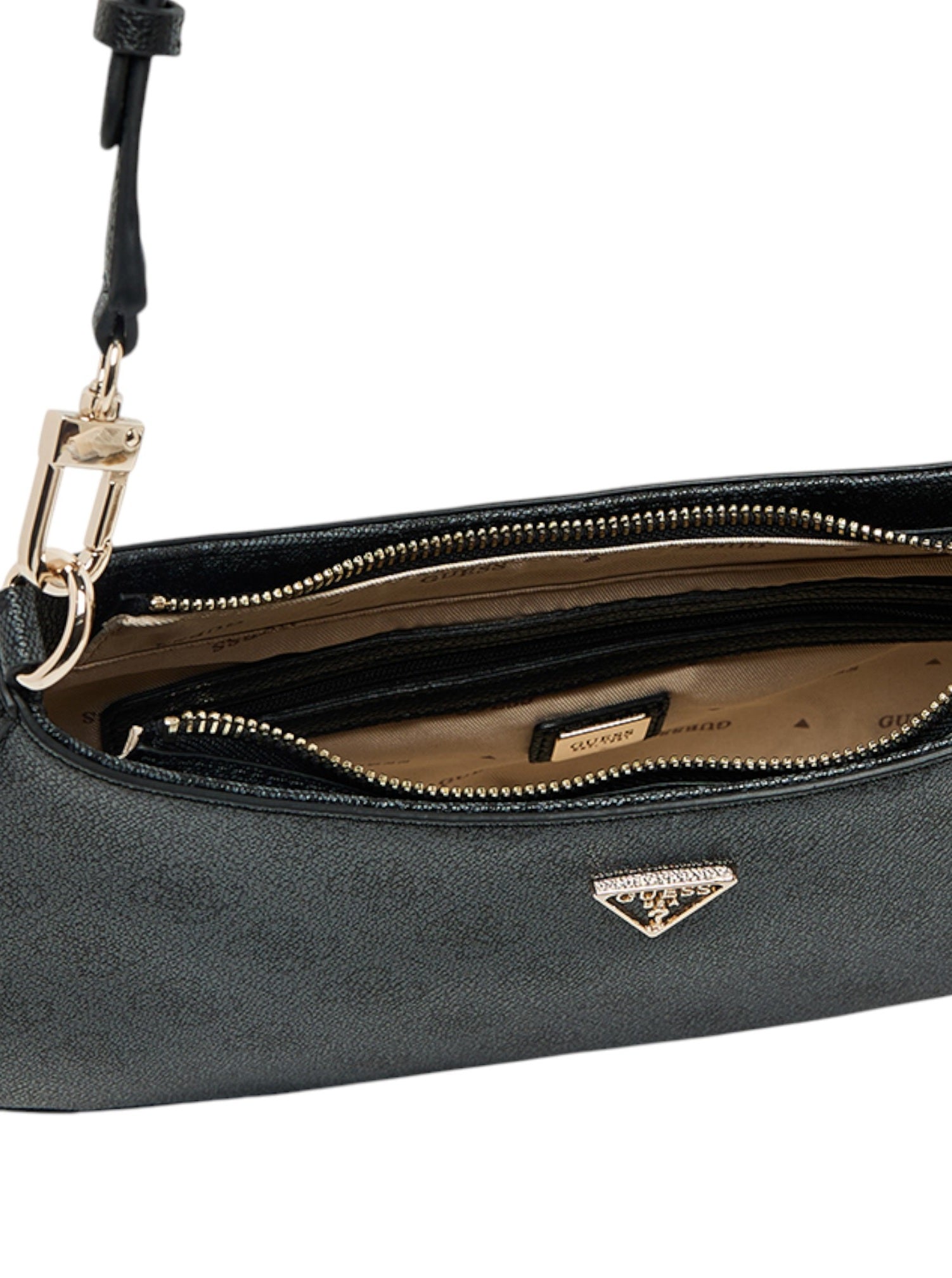 Gray handbag with gold zipper and Prada logo on a white background. Guess, Monza Outlet, Monza Fashion, Shein Outlet