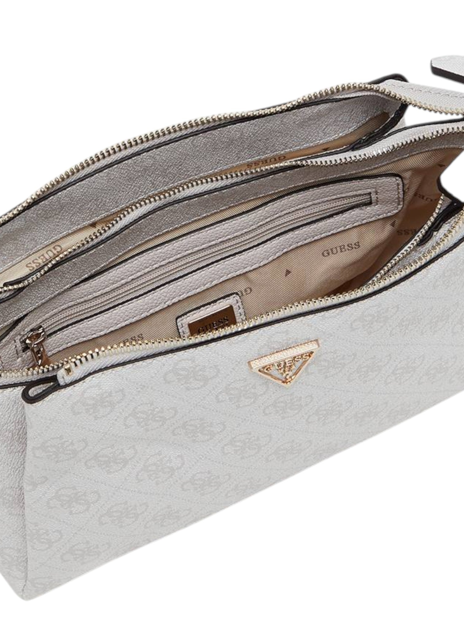 Light gray handbag with gold accents and Guess branding on a white background. Guess, Monza Outlet, Monza Fashion, Shein Outlet