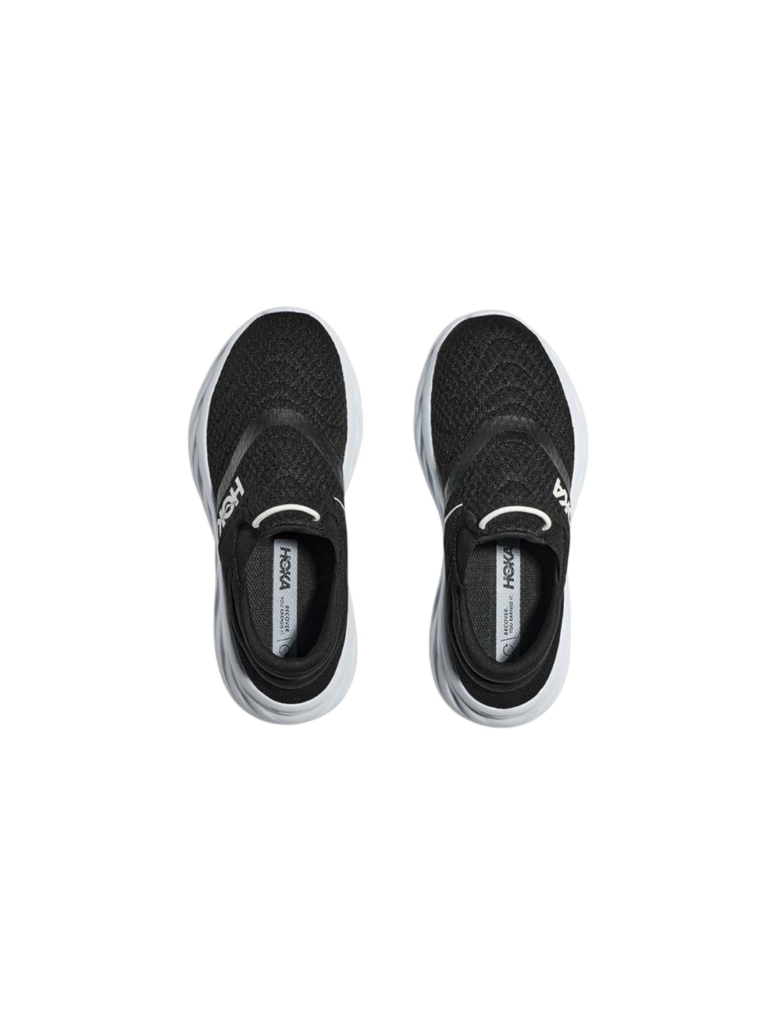 Black running shoes with white soles on a white background. Hoka, Monza Outlet, Monza Fashion, Shein Outlet