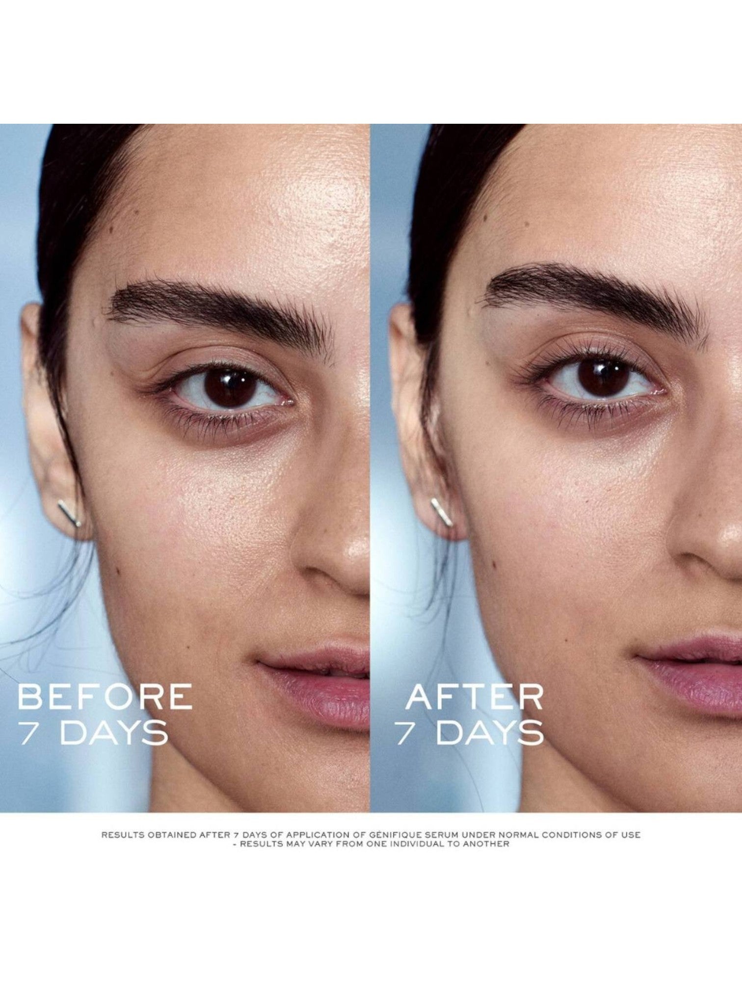 Before and after comparison of a woman's face with text indicating results after 7 days. Lancome, Monza Outlet, Monza Fashion, Shein Outlet 