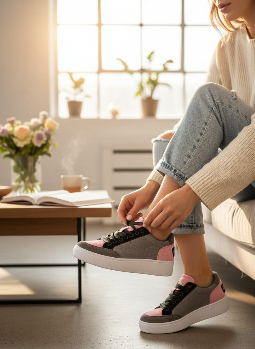 Person wearing gray sneakers with pink accents, sitting indoors.  United Colors of Benetton, Monza Outlet, Monza Fashion, Shein Outlet 