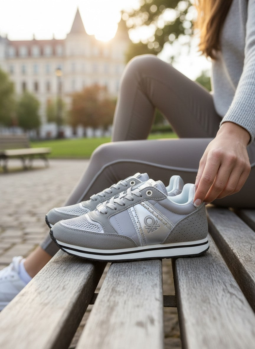 Person sitting on a bench wearing gray sneakers with a blurred cityscape background.  United Colors of Benetton, Monza Outlet, Monza Fashion, Shein Outlet
