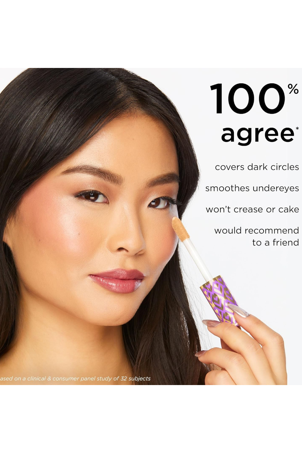 Woman applying concealer with a brush, text indicating product benefits on a white background Monza fashion outlet, monza outlet, shein outlet, shien outlet cosmetics, makeup, perfume