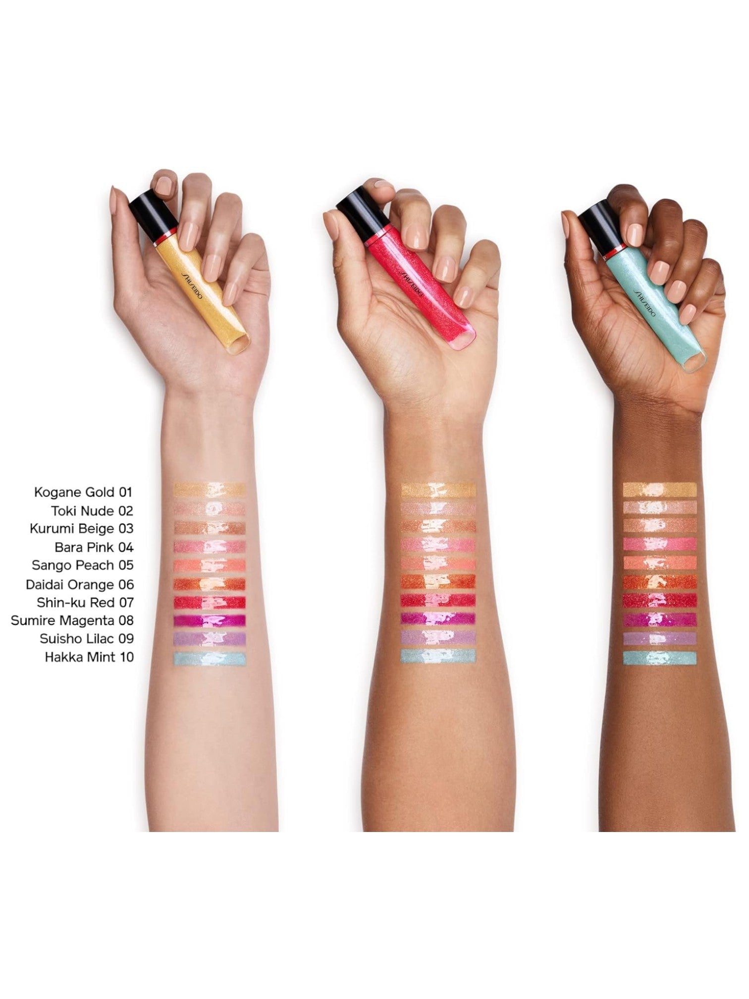 Three hands holding lip glosses with color swatches on wrists against a white background monza outlet, Shein outlet, monza fashion