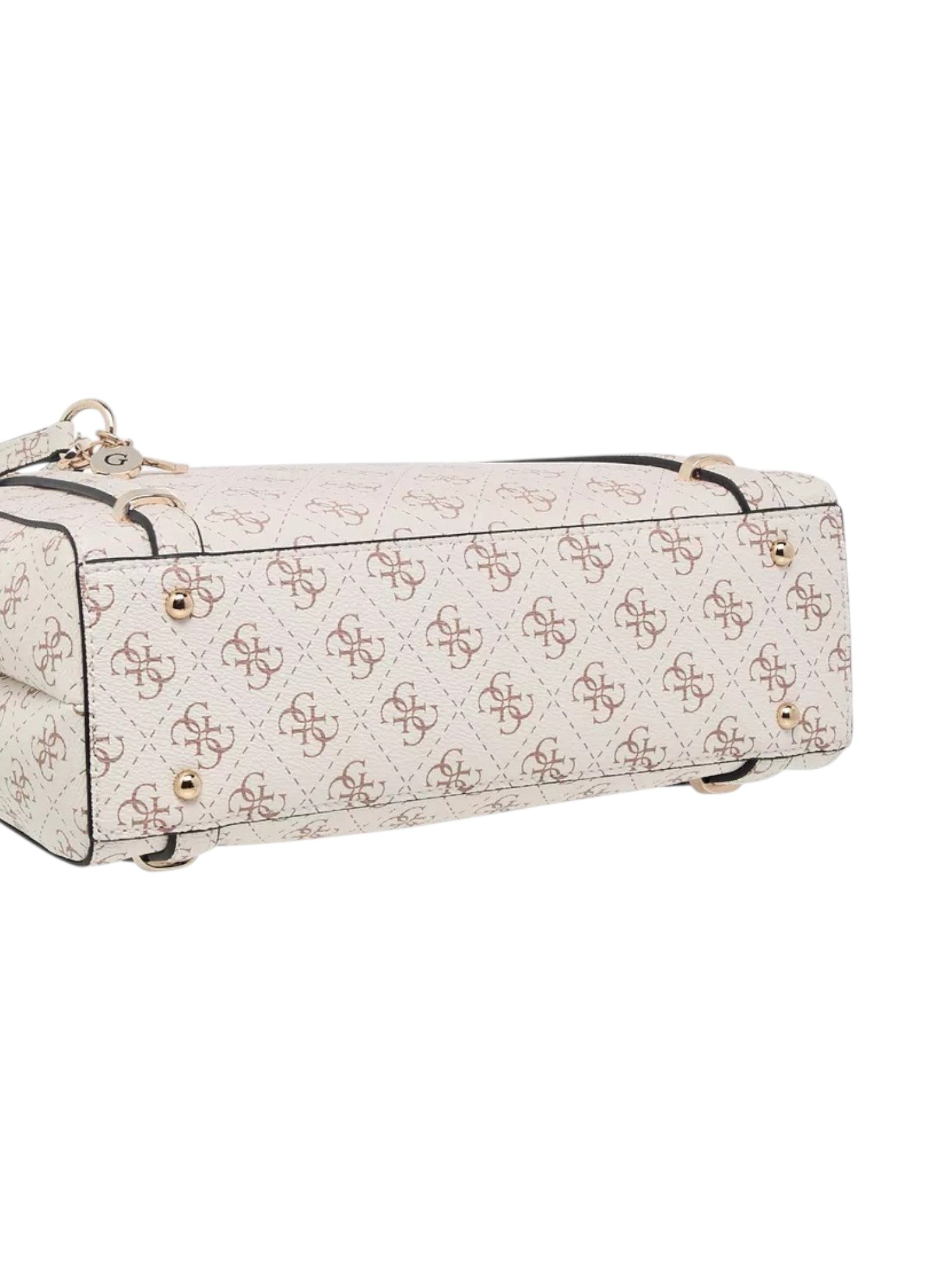 Designer handbag with brand logo pattern on a white background. Guess, Monza Outlet, Monza Fashion, Shein Outlet