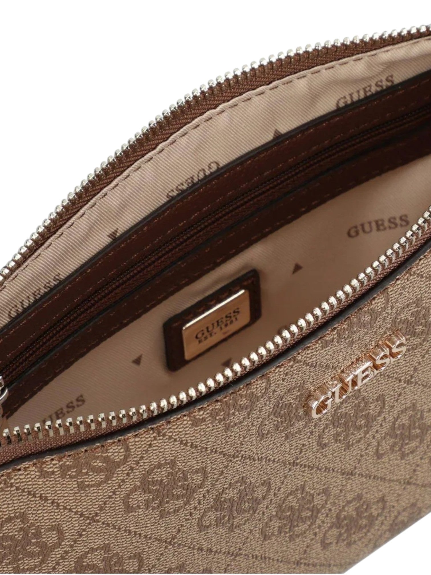 Close-up of a Guess handbag with visible branding. Guess, Monza Outlet, Monza Fashion, Shein Outlet
