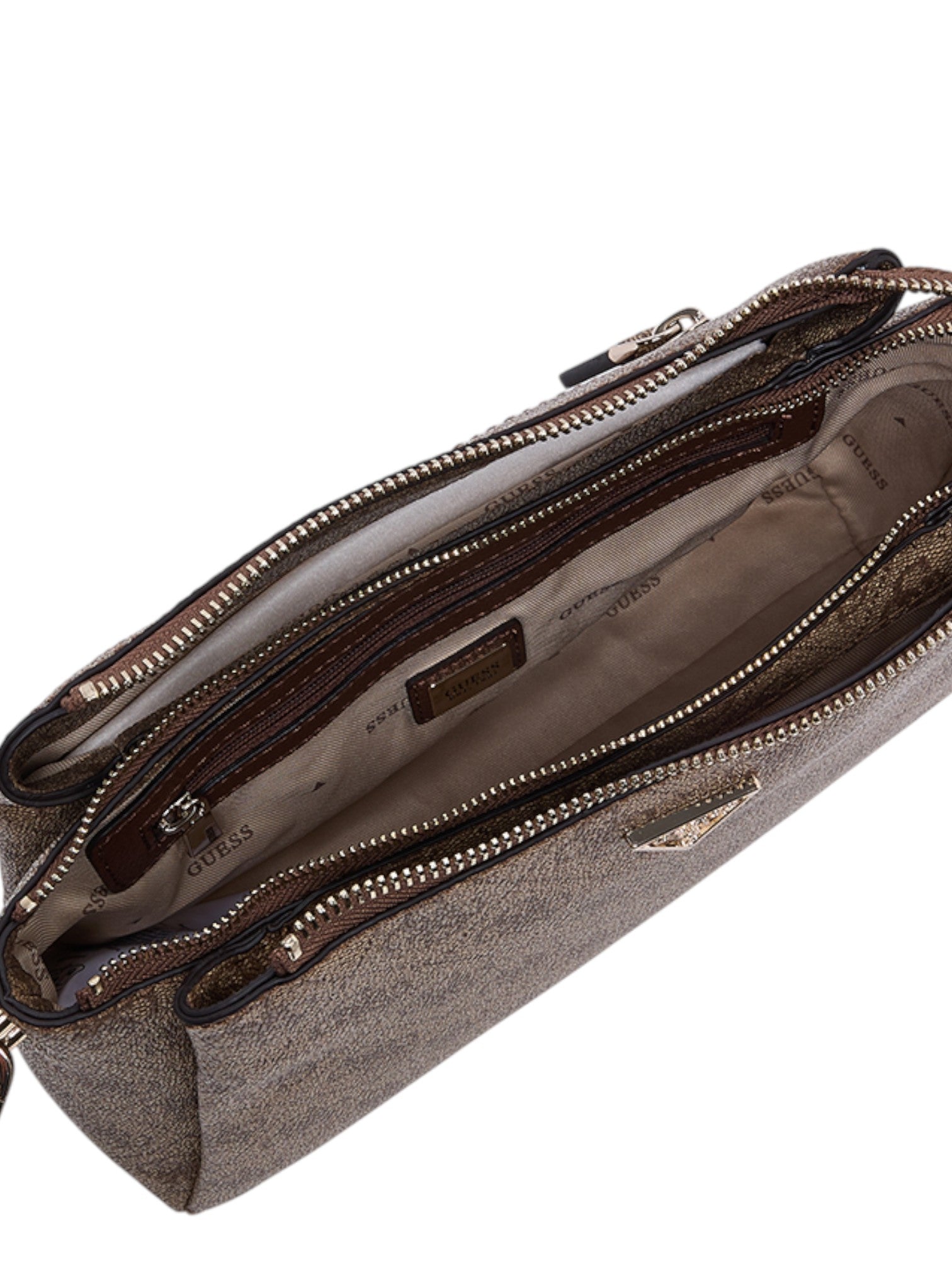 Open gray handbag with multiple zippers on a white background. Guess, Monza Outlet, Monza Fashion, Shein Outlet