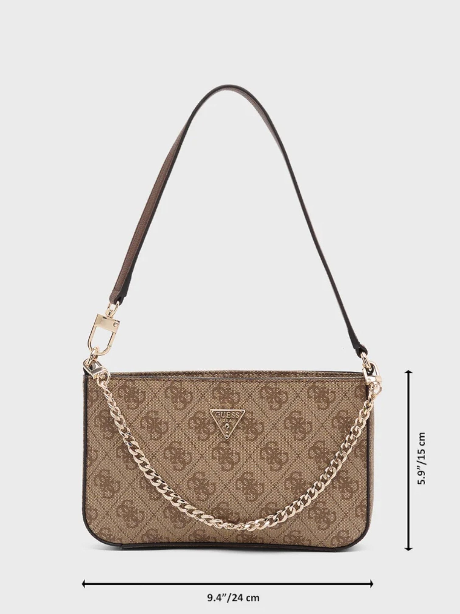 Brown handbag with chain detail and visible brand logo on a light gray background. Guess, Monza Outlet, Monza Fashion, Shein Outlet